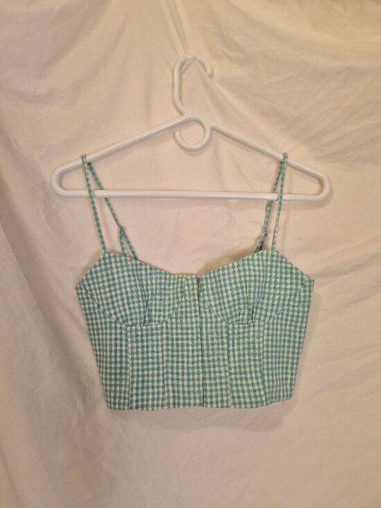 Zara Tops - Zara Green Gingham Corset Top M Cottagecore *AS IS - Minor Flaws* Summer Crop